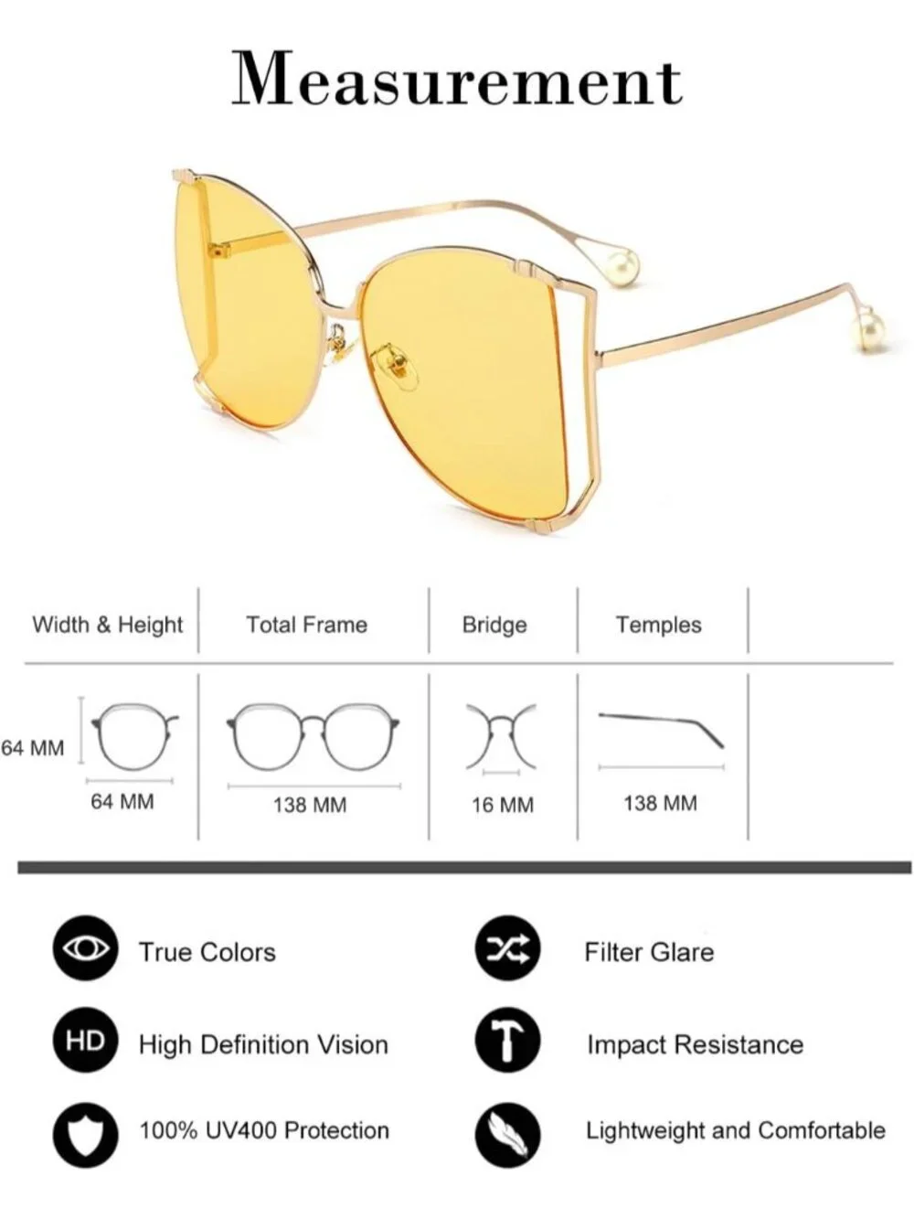 Women's Oversized Semi Rimless Sunglasses Retro Metal Frame Glasses Gold Yellow